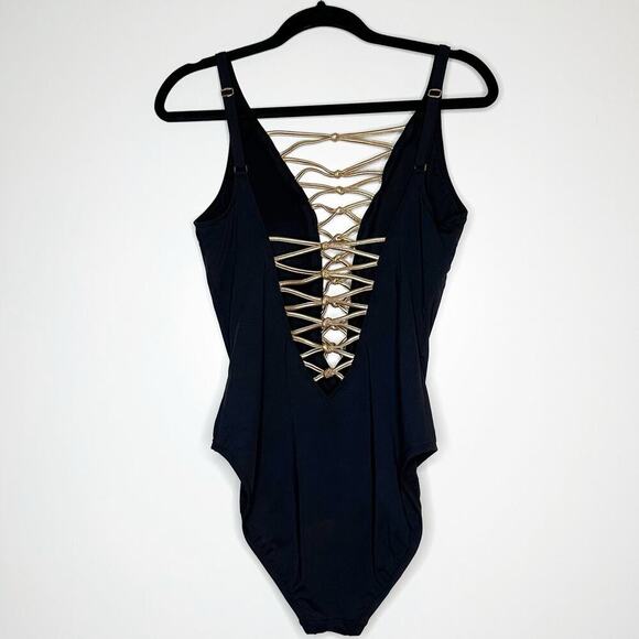 NEW Bleu Rod Beattie Lattice One Piece Swimsuit Women's Black Gold Size 12 - Picture 4 of 5